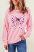 Pink Checkerboard Bow Graphic Round Neck Valentines Sweatshirt