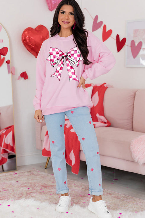 Pink Checkerboard Bow Graphic Round Neck Valentines Sweatshirt