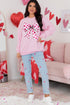 Pink Checkerboard Bow Graphic Round Neck Valentines Sweatshirt