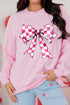 Pink Checkerboard Bow Graphic Round Neck Valentines Sweatshirt