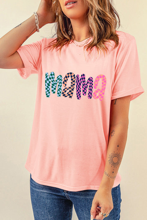 Pink Checkerboard mama Printed Crew Neck Tee