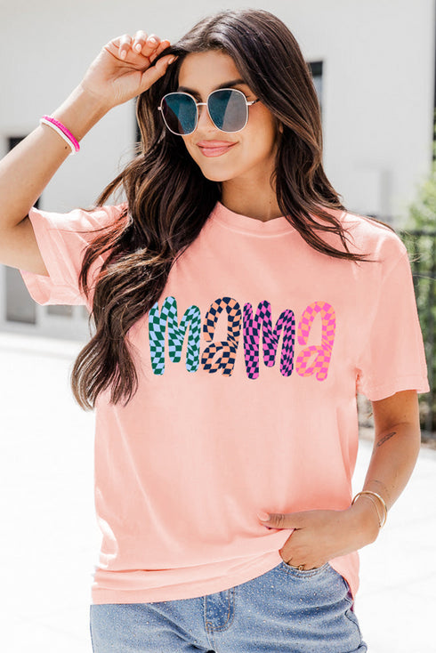 Pink Checkerboard mama Printed Crew Neck Tee