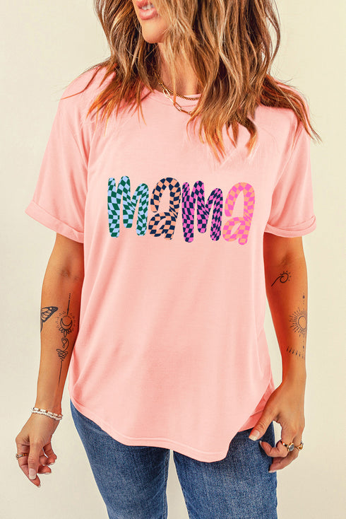 Pink Checkerboard mama Printed Crew Neck Tee