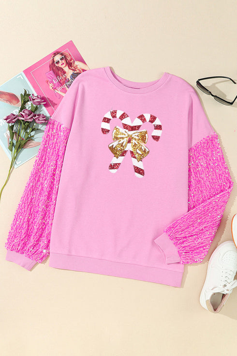 Pink Christmas Pattern Sequin Sleeve Crewneck Sweatshirts