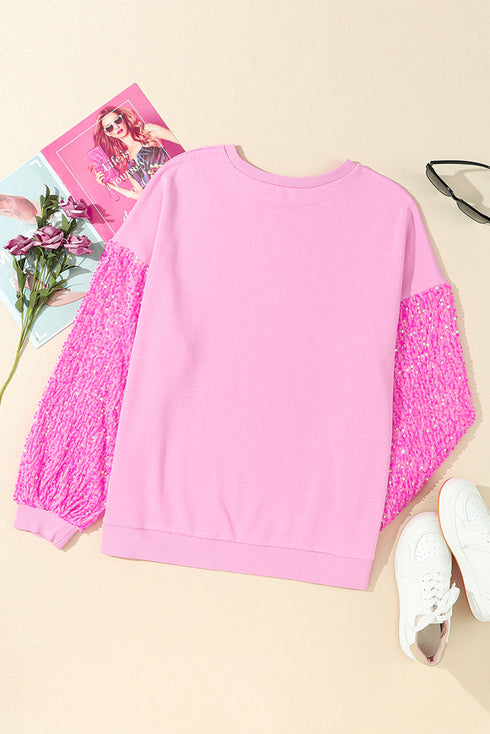 Pink Christmas Pattern Sequin Sleeve Crewneck Sweatshirts