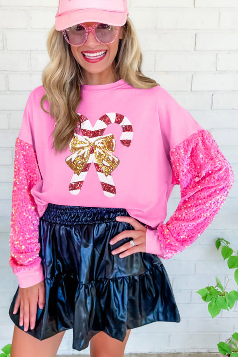 Pink Christmas Pattern Sequin Sleeve Crewneck Sweatshirts