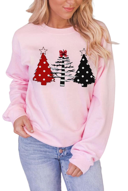 Pink Christmas Tree Graphic Print Pullover Sweatshirt