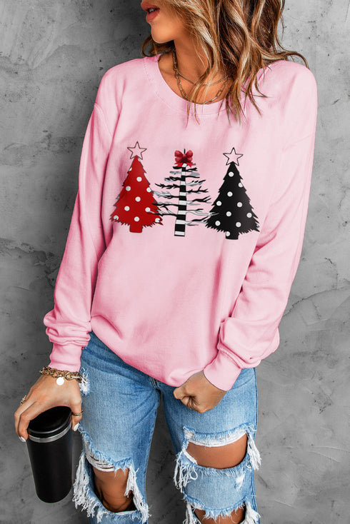Pink Christmas Tree Graphic Print Pullover Sweatshirt