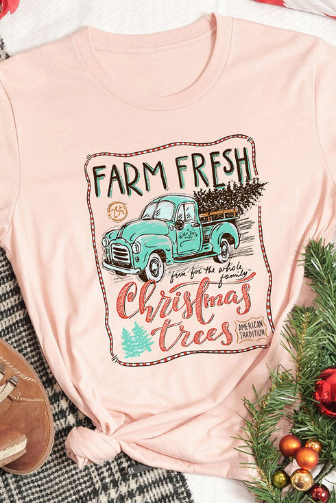 Pink Christmas Trees Truck Graphic Print Short Sleeve T Shirt