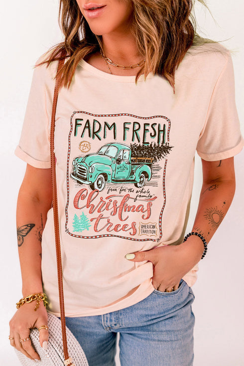 Pink Christmas Trees Truck Graphic Print Short Sleeve T Shirt