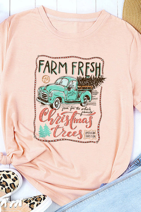 Pink Christmas Trees Truck Graphic Print Short Sleeve T Shirt