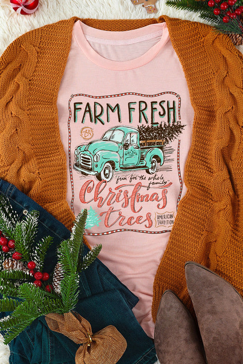 Pink Christmas Trees Truck Graphic Print Short Sleeve T Shirt