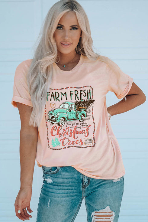 Pink Christmas Trees Truck Graphic Print Short Sleeve T Shirt