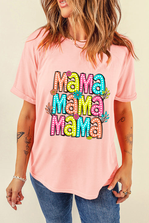 Pink Colorful MaMa Letter Graphic T Shirt