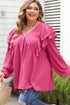Pink Crinkle Ruffled V Neck Plus Size Blouse