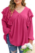 Pink Crinkle Ruffled V Neck Plus Size Blouse