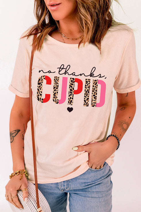 Pink Cupid Letter Leopard Print Short Sleeve Graphic T Shirt