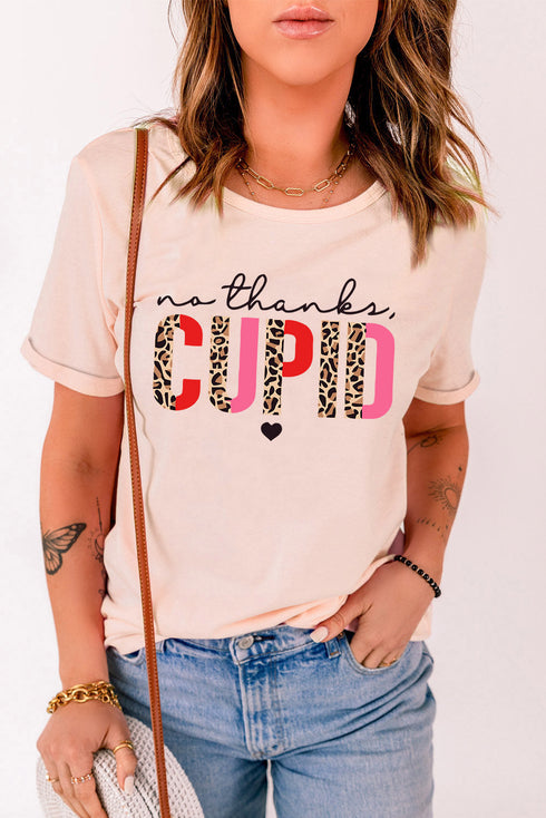 Pink Cupid Letter Leopard Print Short Sleeve Graphic T Shirt