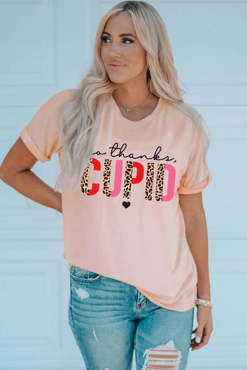 Pink Cupid Letter Leopard Print Short Sleeve Graphic T Shirt