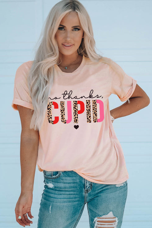 Pink Cupid Letter Leopard Print Short Sleeve Graphic T Shirt
