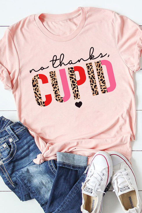 Pink Cupid Letter Leopard Print Short Sleeve Graphic T Shirt