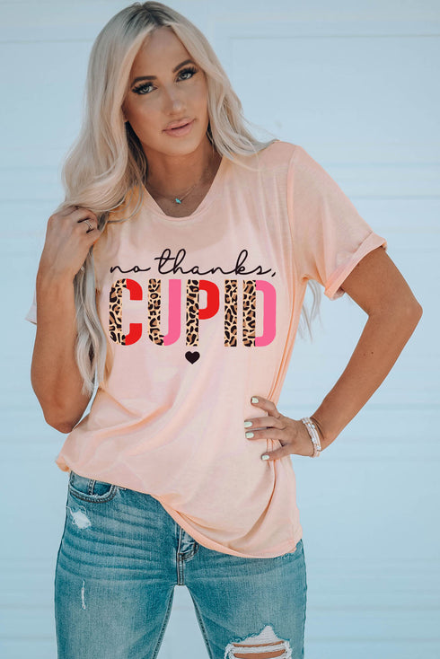 Pink Cupid Letter Leopard Print Short Sleeve Graphic T Shirt