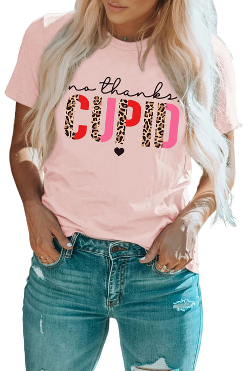 Pink Cupid Letter Leopard Print Short Sleeve Graphic T Shirt