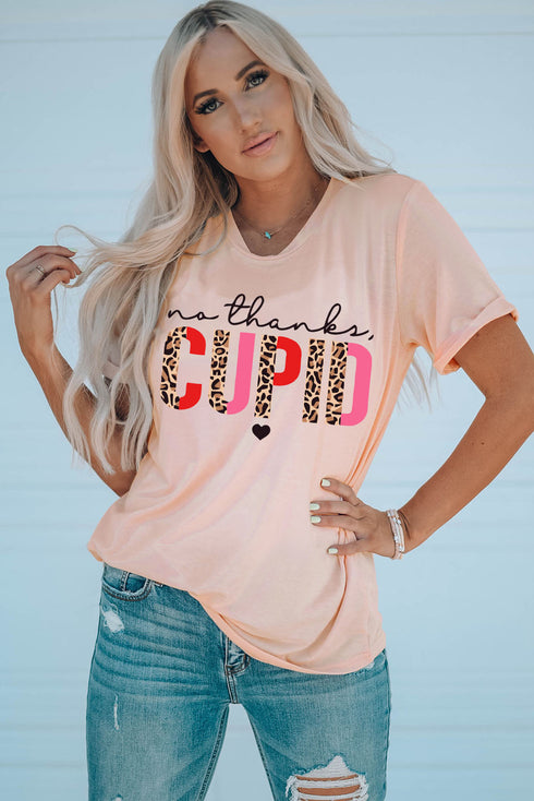 Pink Cupid Letter Leopard Print Short Sleeve Graphic T Shirt
