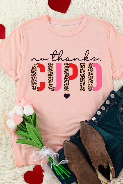 Pink Cupid Letter Leopard Print Short Sleeve Graphic T Shirt