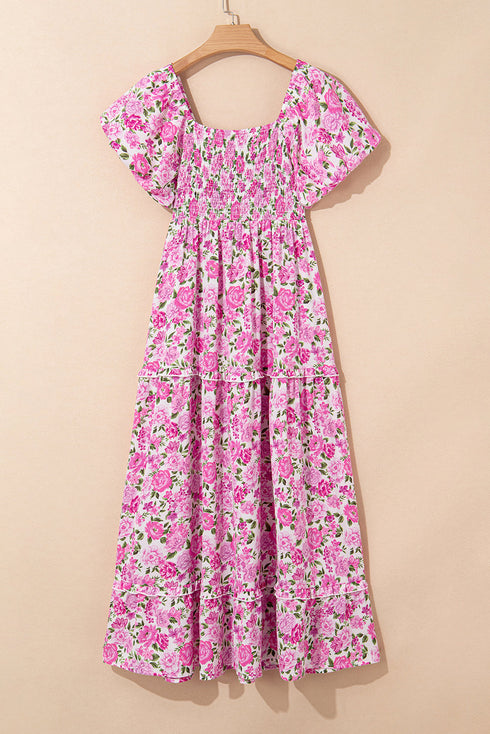 Pink Dainty Floral Smocked Puff Sleeve Flowy Long Dress