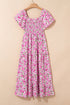 Pink Dainty Floral Smocked Puff Sleeve Flowy Long Dress