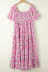 Pink Dainty Floral Smocked Puff Sleeve Flowy Long Dress