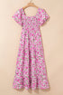 Pink Dainty Floral Smocked Puff Sleeve Flowy Long Dress