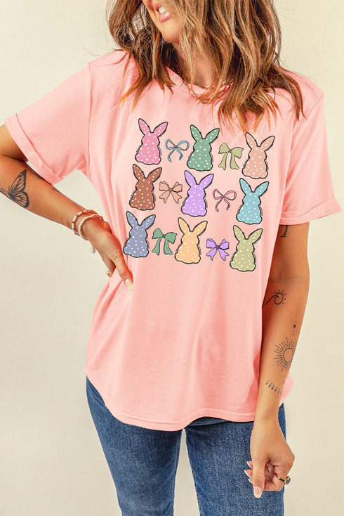 Pink Dotty Bunny Bow Printed Easter Day Fashion T Shirt