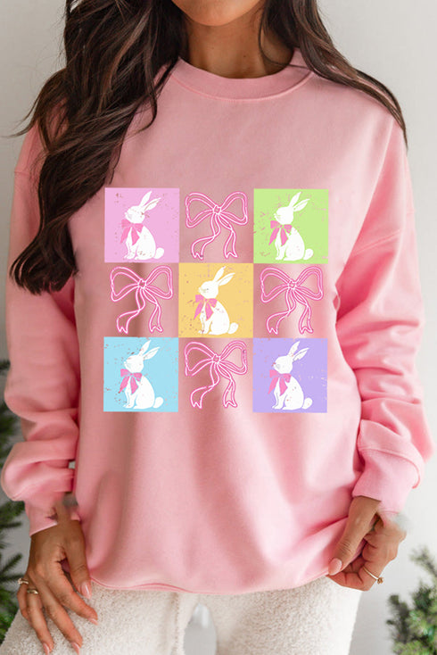 Pink Easter Bunny Bow Checkered Print Drop Shoulder Sweatshirt