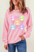 Pink Easter Bunny Bow Checkered Print Drop Shoulder Sweatshirt