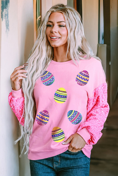Pink Easter Egg Patched Sequin Sleeve Patchwork Crewneck Pullover Top