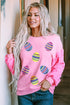 Pink Easter Egg Patched Sequin Sleeve Patchwork Crewneck Pullover Top