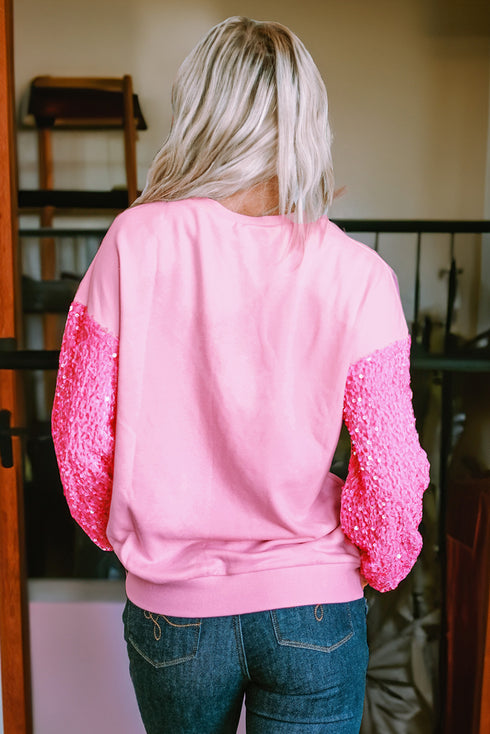Pink Easter Egg Patched Sequin Sleeve Patchwork Crewneck Pullover Top