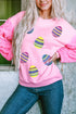 Pink Easter Egg Patched Sequin Sleeve Patchwork Crewneck Pullover Top