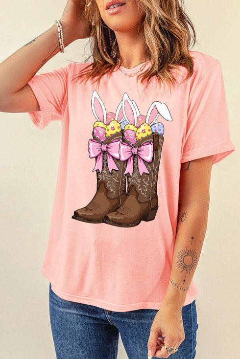 Pink Easter Eggs Bunny Ear Bow Boots Printed Tee
