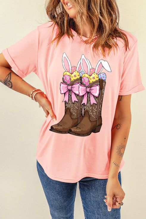 Pink Easter Eggs Bunny Ear Bow Boots Printed Tee