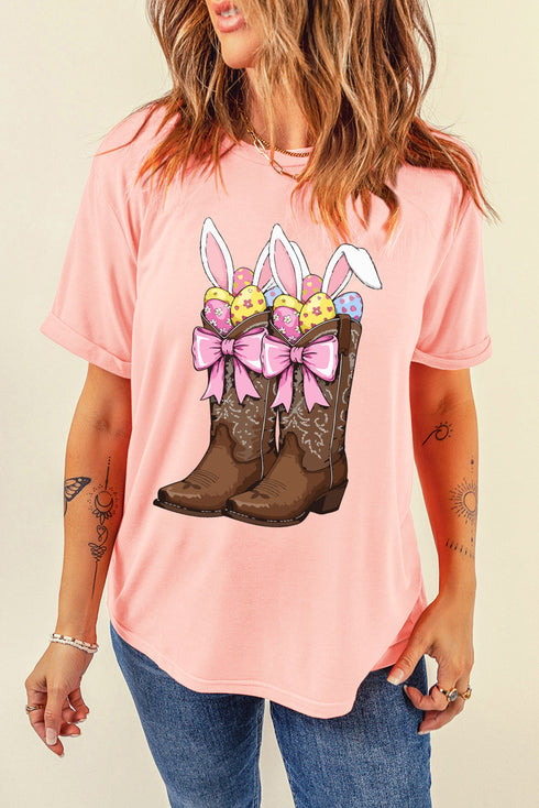 Pink Easter Eggs Bunny Ear Bow Boots Printed Tee
