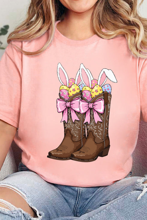 Pink Easter Eggs Bunny Ear Bow Boots Printed Tee