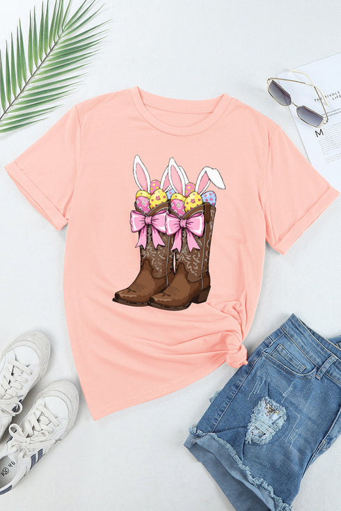 Pink Easter Eggs Bunny Ear Bow Boots Printed Tee