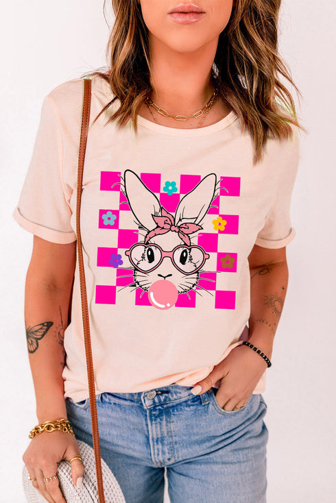 Pink Easter Rabbit Checkered Flower Print O-neck T Shirt