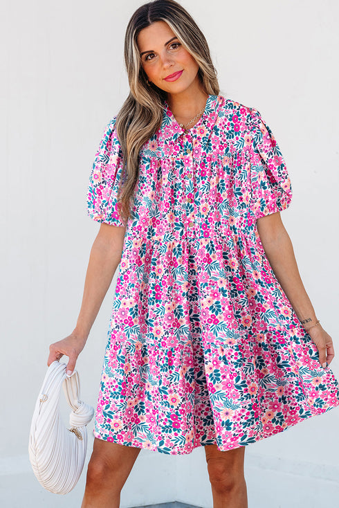 Pink Floral Collared Half Placket Short Sleeve Loose Dress