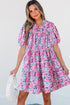 Pink Floral Collared Half Placket Short Sleeve Loose Dress