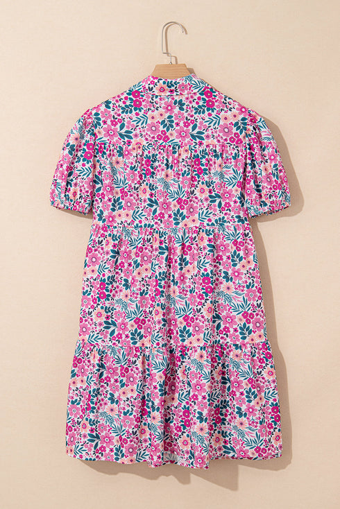 Pink Floral Collared Half Placket Short Sleeve Loose Dress