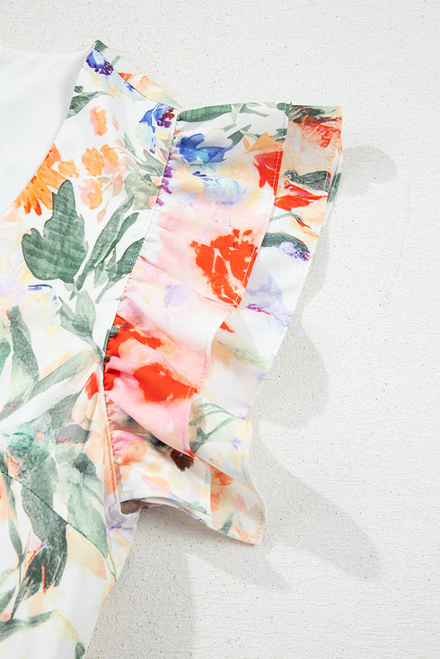 Pink Floral Double Ruffle Sleeve V Neck High Waist Mini Dress